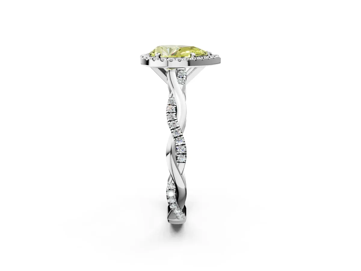 Fancy Yellow Pear Cut Cut Halo Twisted Band Four-Prong Ring Platinum