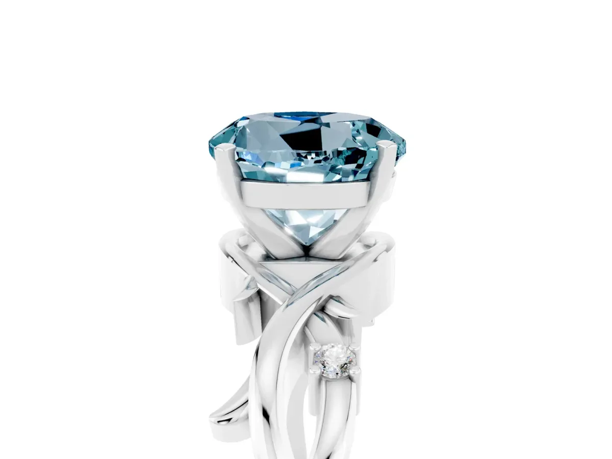 Round Cut Aquamarine Solitaire Ring with Twisted Band and Prong Setting Silver