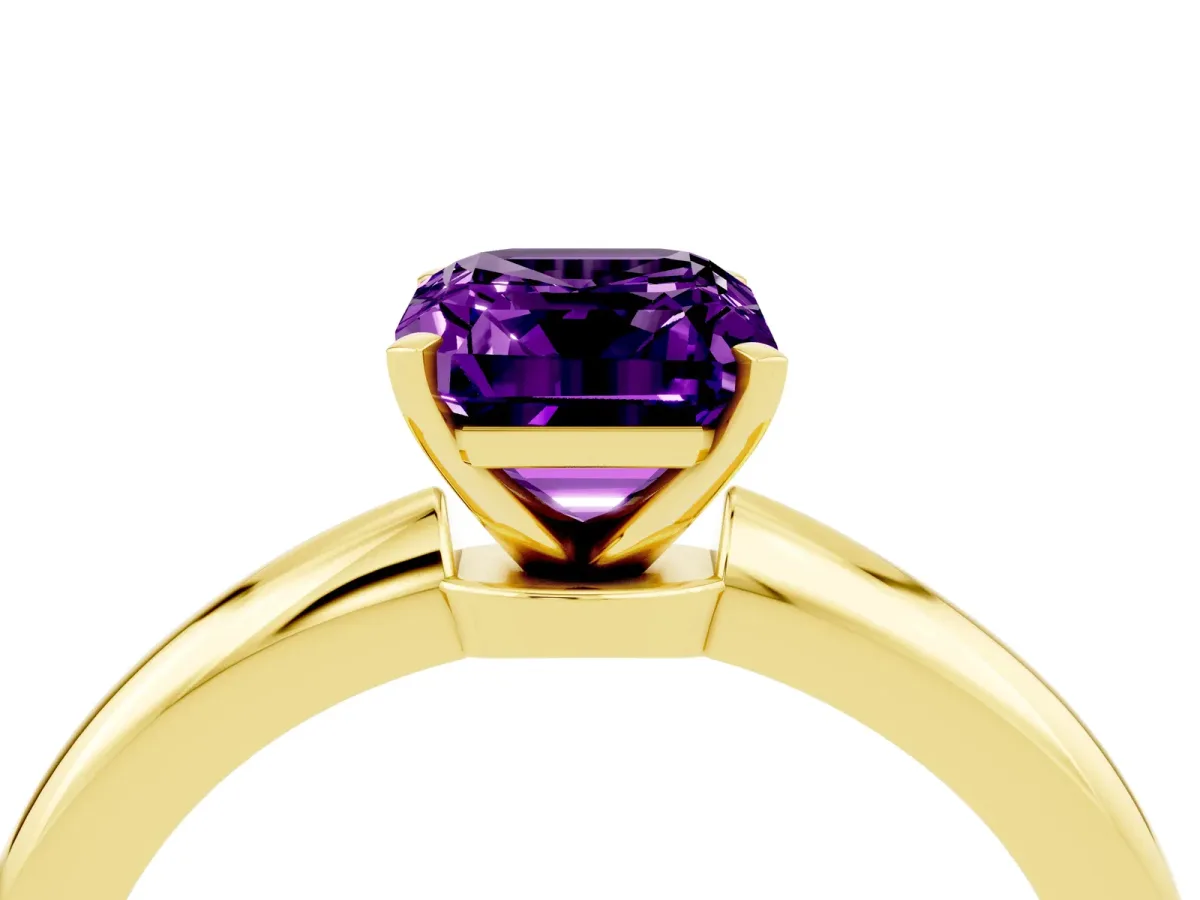 Emerald Cut Amethyst Solitaire Ring with Six-Prong Setting and Classic Band Yellow gold