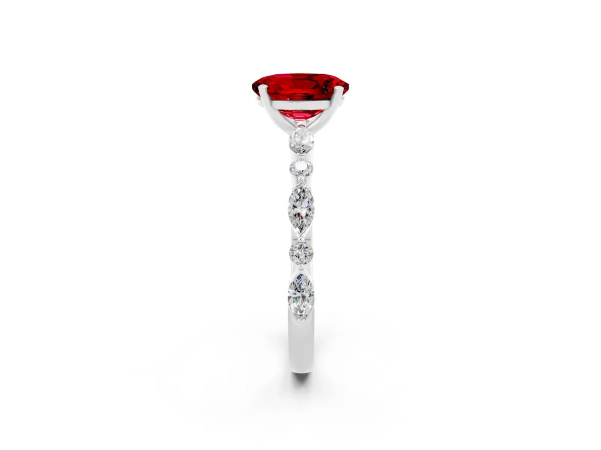 Oval Cut Ruby Ring with Marquise and Round Side Stones and Four-Prong Setting White gold