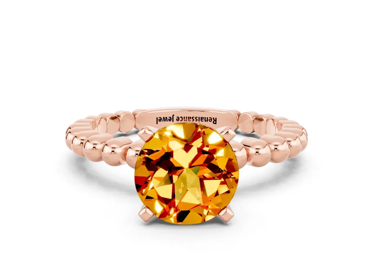 Round Cut Citrine Solitaire Ring with Beaded Band and Prong Setting Rose gold