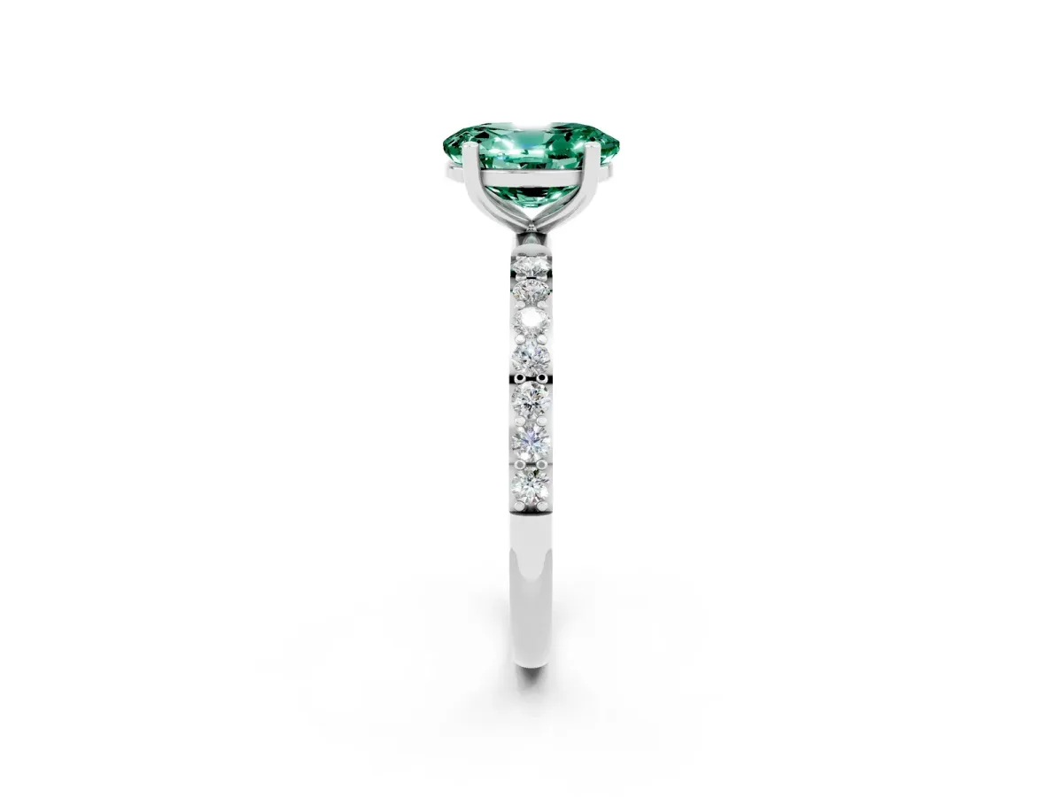 Oval Cut Green Sapphire Solitaire Ring with Round Pavé Band and Prong Setting Silver