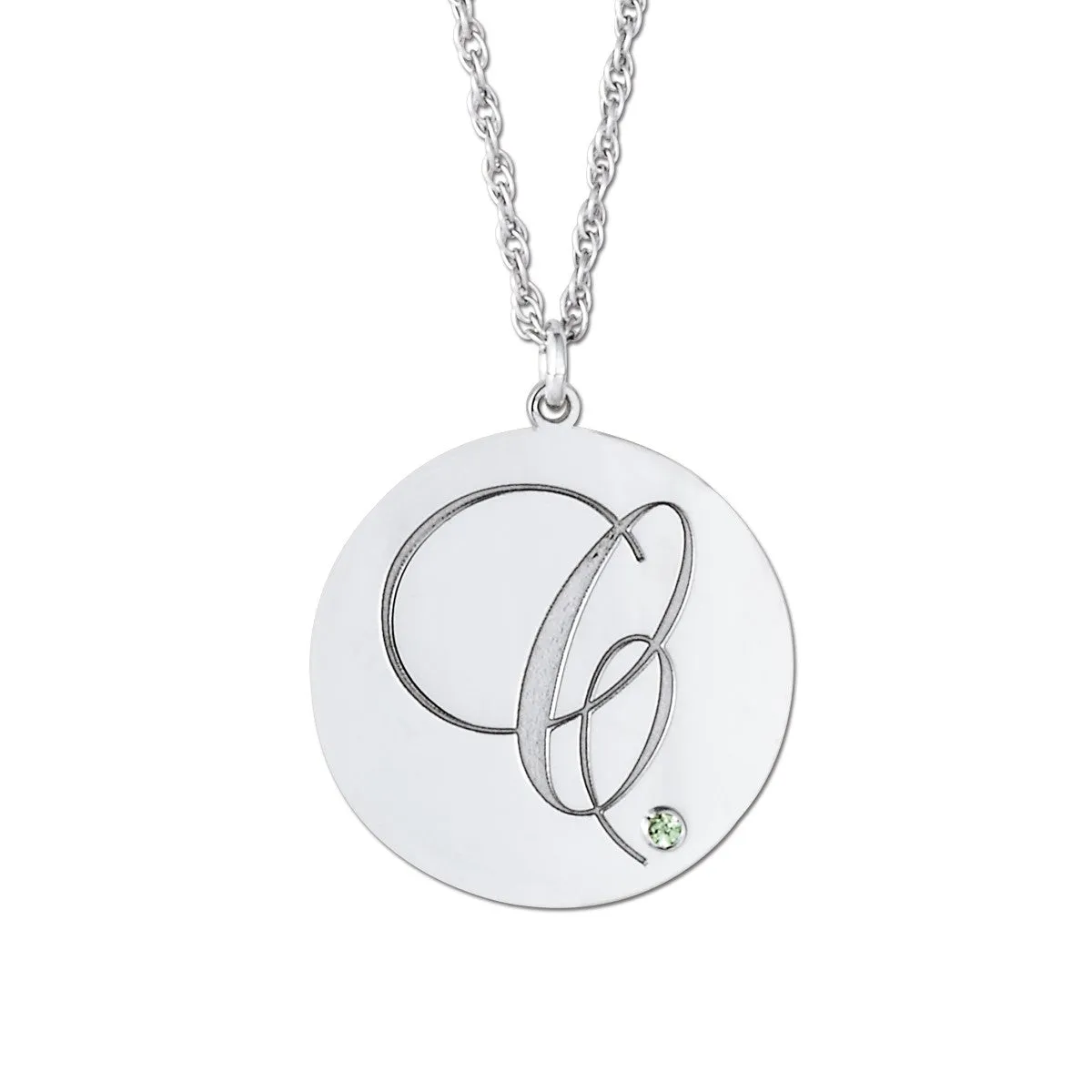 Gold Script Initial Pendant with Round Gemstone Bezel Setting Silver