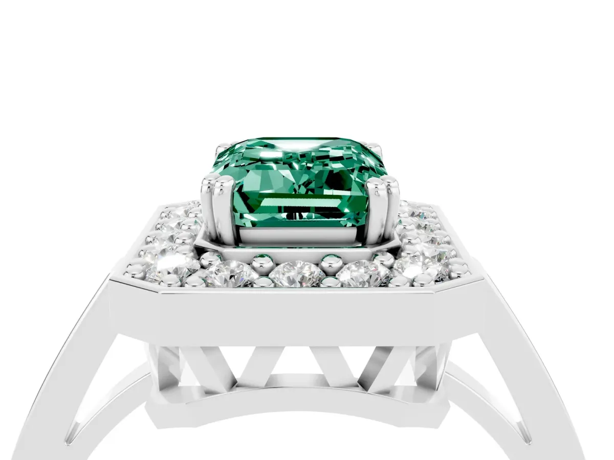 Emerald Cut Green Sapphire Halo Ring with Split Shank and Four-Prong Setting White gold