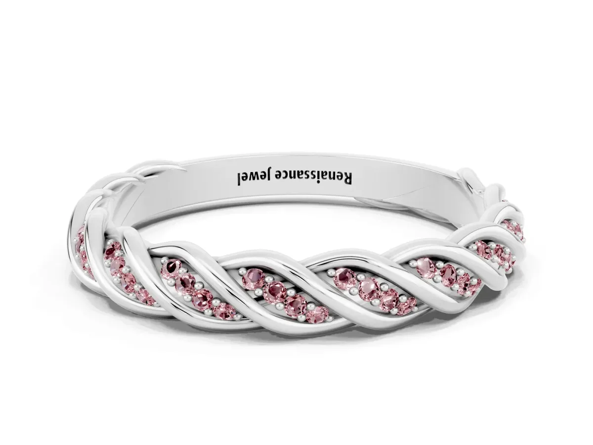 Twisted Pavé Round Morganite Eternity Band with Shared Prong Setting Silver