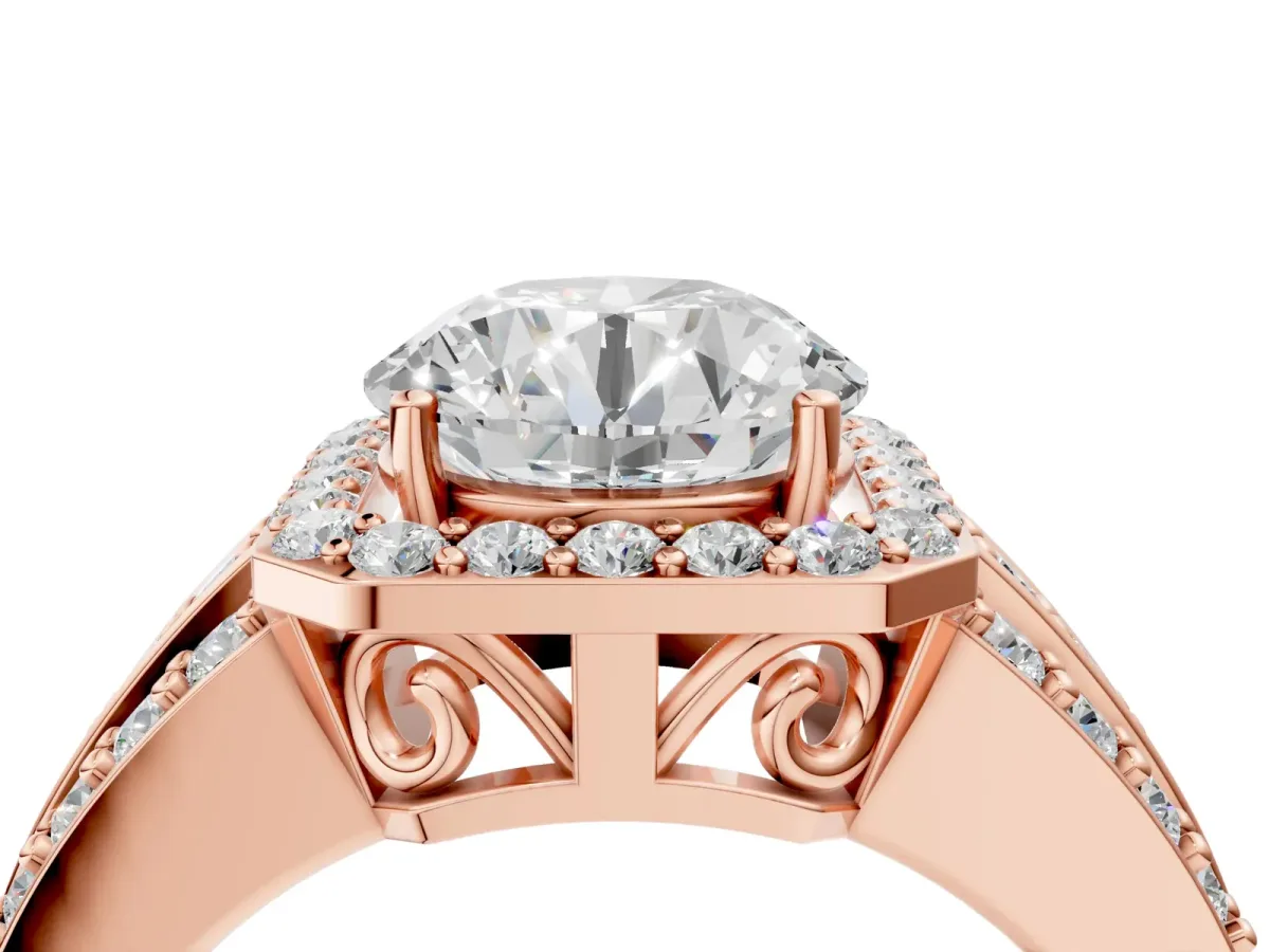 Round Cut Halo Diamond Ring with Round Split Shank and Prong Setting Rose gold