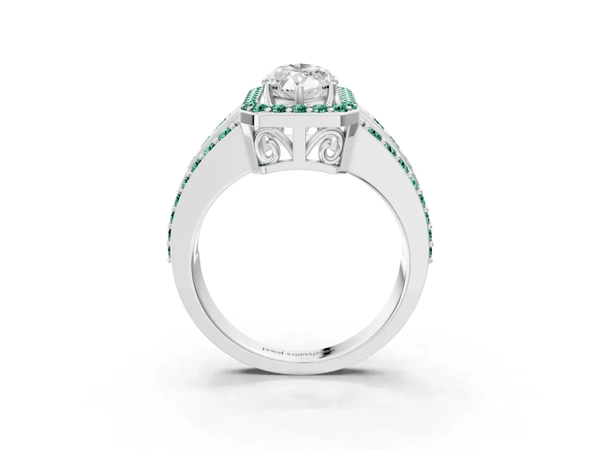 Marquise Cut Halo Diamond Ring with Round Green Sapphire Split Shank and Prong Setting Silver