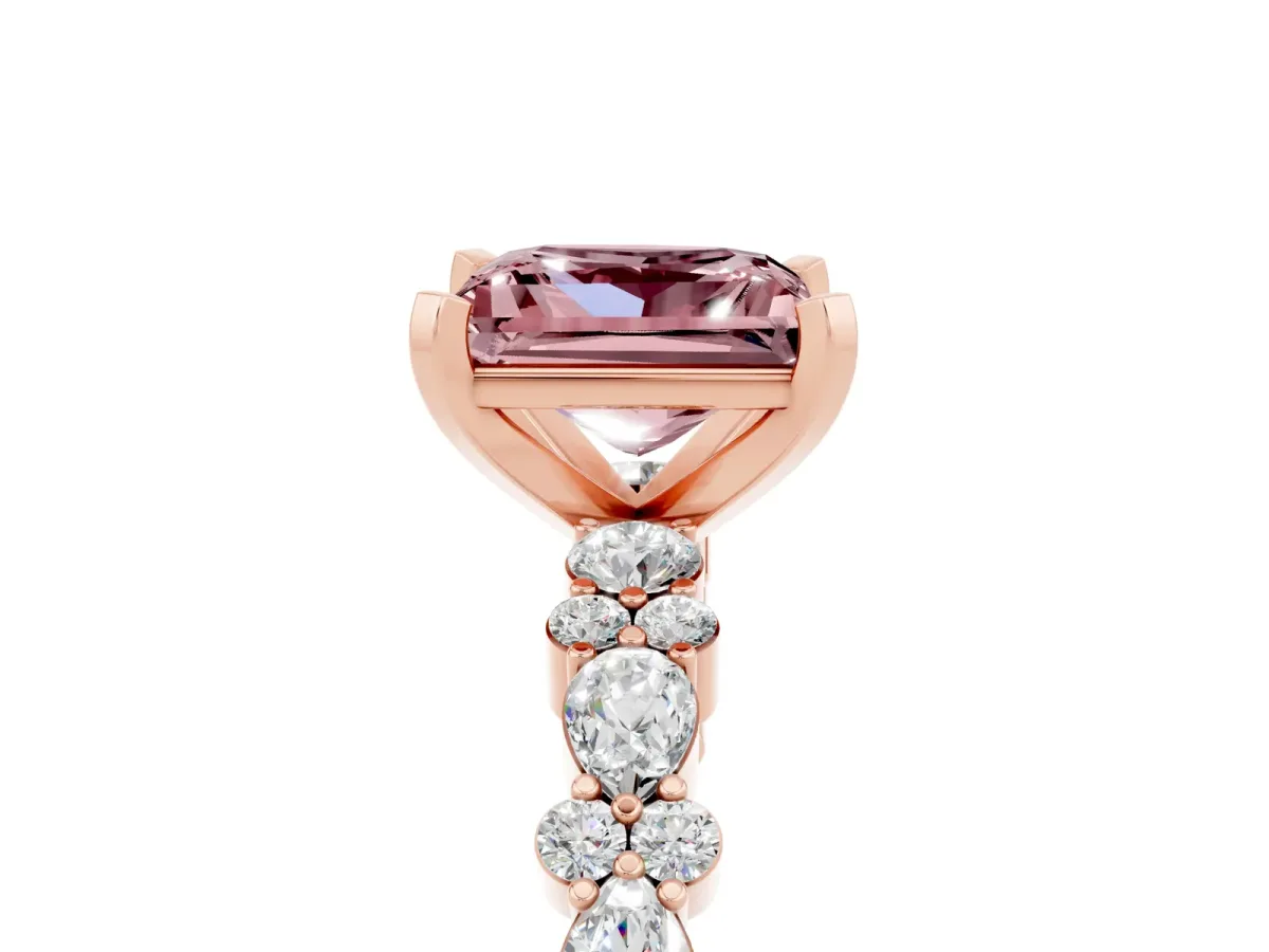 Princess Cut Morganite Side Stone Solitaire Ring with Round and Four-Prong Setting Rose gold