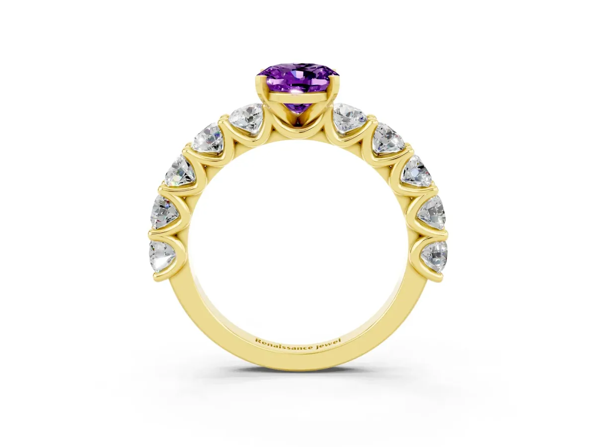 Oval Cut Amethyst Prong Setting with Side Stones on a Pave Band Yellow gold