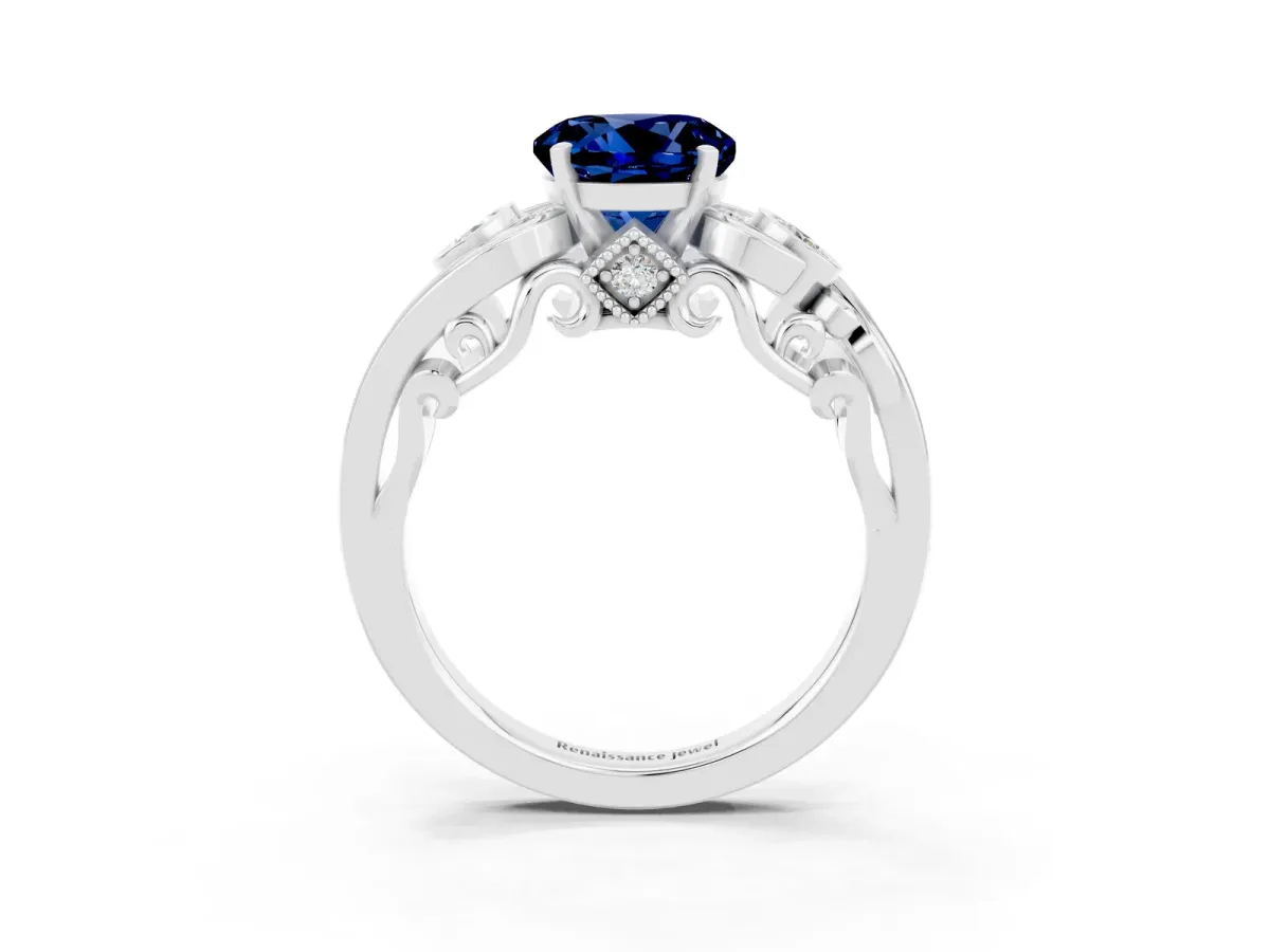 Round Cut Blue Sapphire Solitaire Ring with Milgrain Pavé Band and Four-Prong Setting Silver