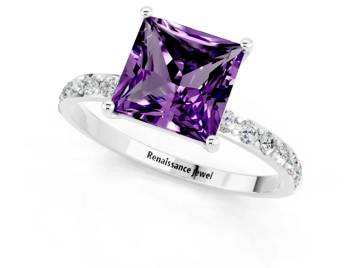 Princess Cut Amethyst Solitaire Ring with Round Pavé Band and Prong Setting Silver