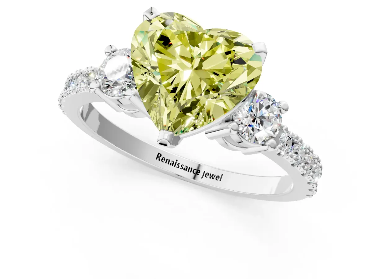 Fancy Yellow Heart Cut Cut Three-Stone Diamond Pavé Band with Prong Setting Platinum