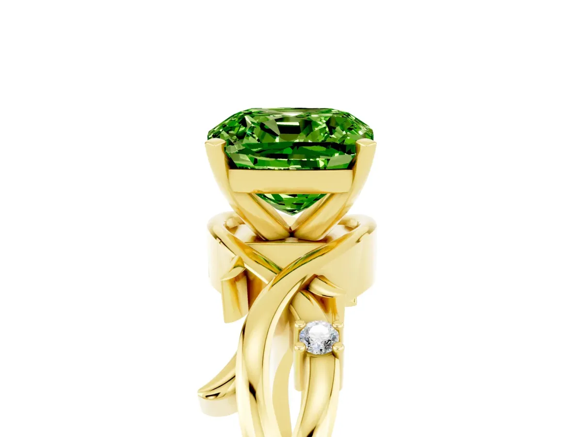 Cushion Cut Peridot Solitaire Ring with Twisted Band and Prong Setting Yellow gold
