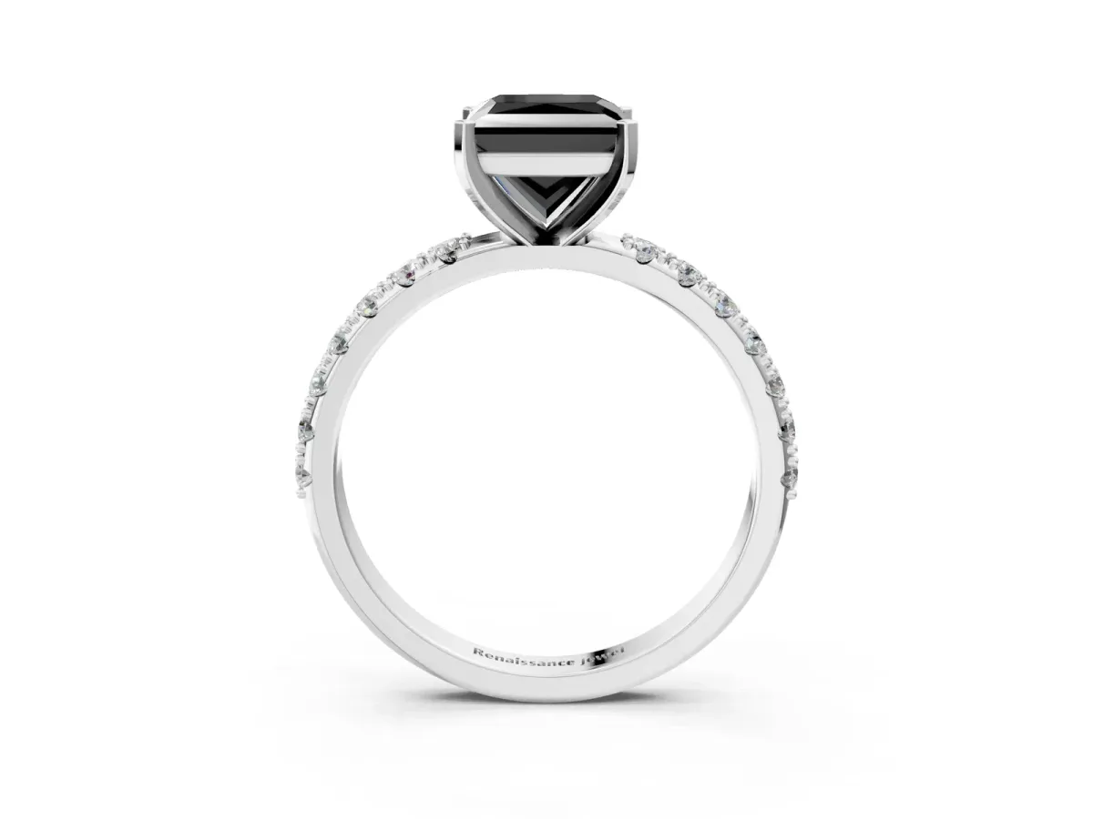 Fancy Black Princess Cut Diamond Solitaire Pavé Band with Four-Prong Setting Silver