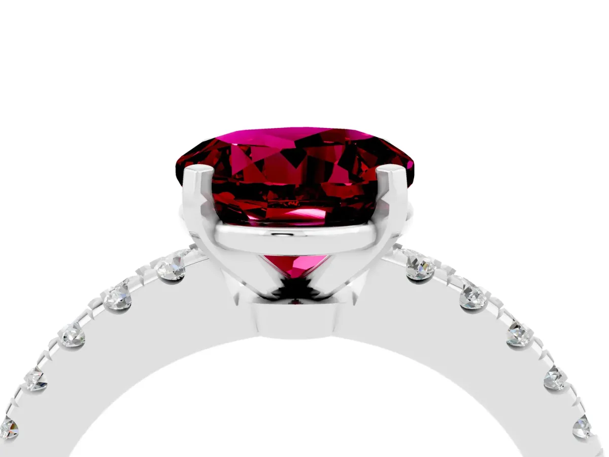 Round Cut Solitaire Garnet with Pavé Band and Four-Prong Setting Silver