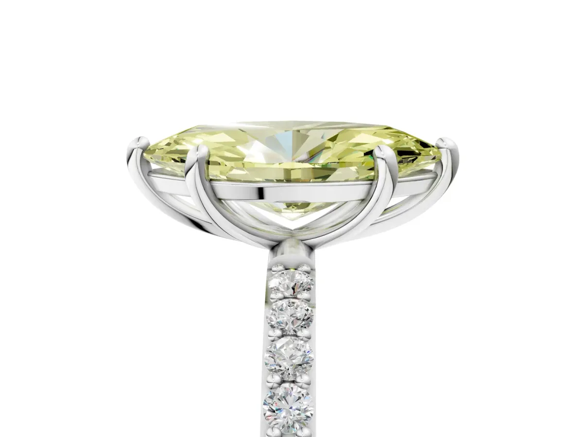 Fancy Yellow Marquise Cut Diamond Solitaire Ring with Round Pavé Band and Prong Setting Silver