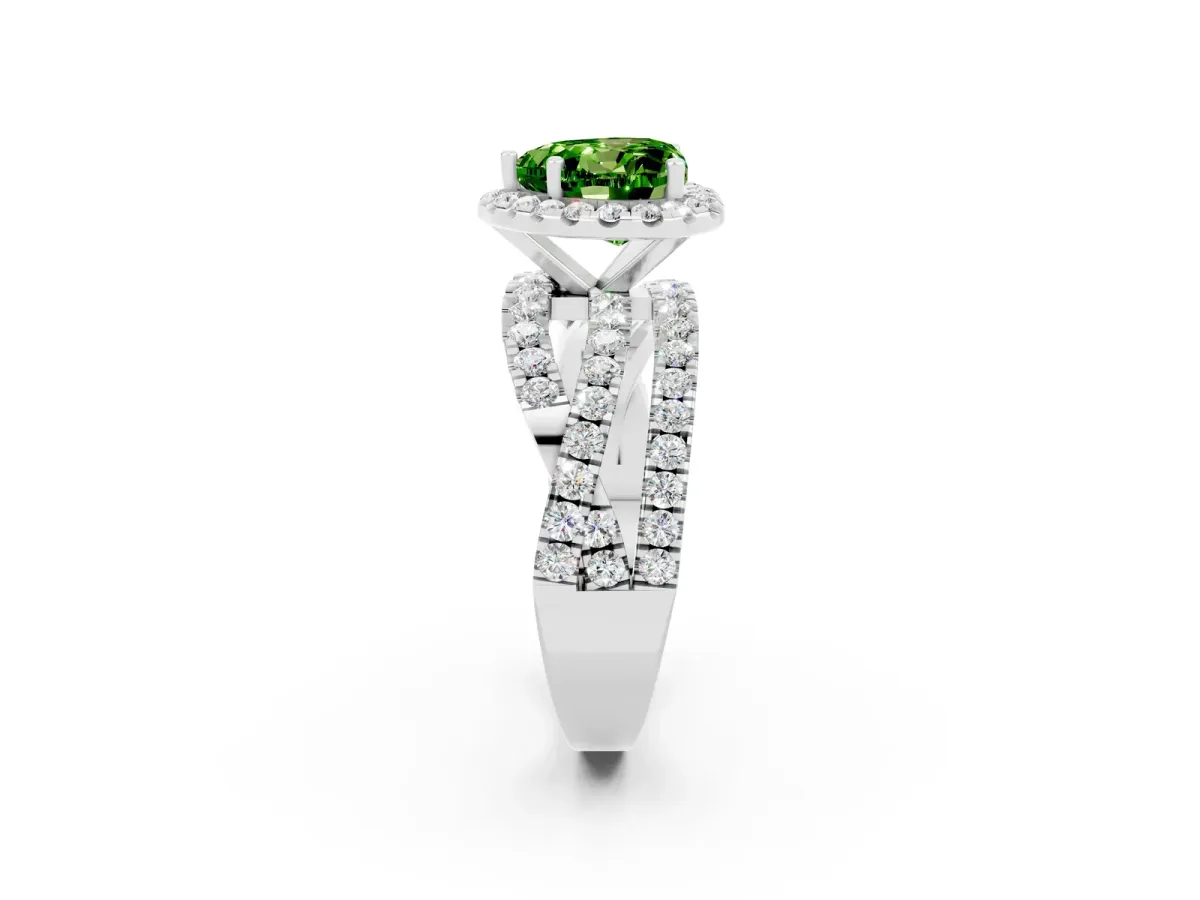 Heart Cut Peridot Halo Ring with Round Split Shank and Prong Setting Platinum