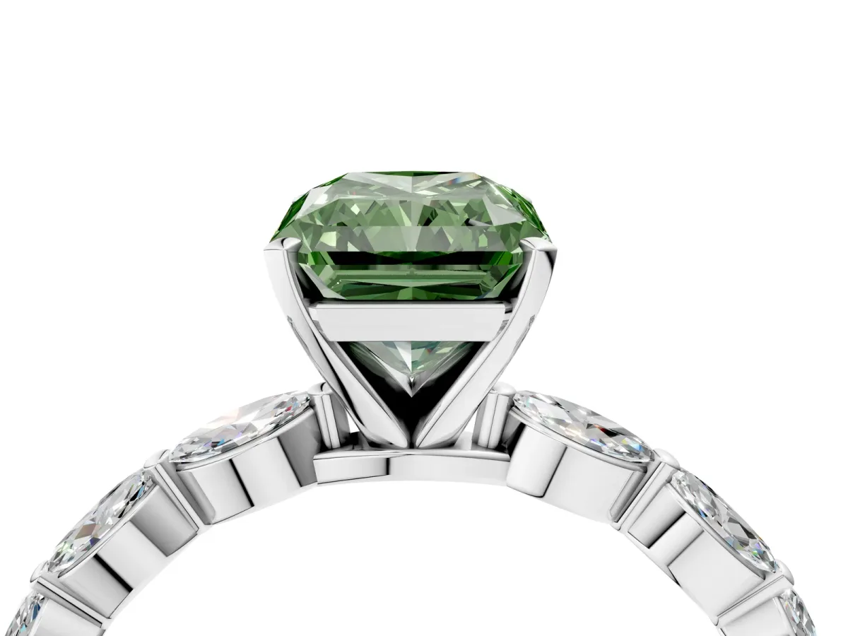 Fancy Green Radiant Cut Diamond Ring with Marquise Side Stones and Prong Setting Platinum