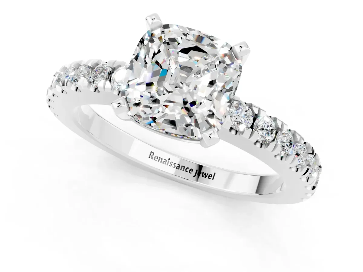 Cushion Cut Solitaire Moissanite with Pavé Band and Four-Prong Setting Silver