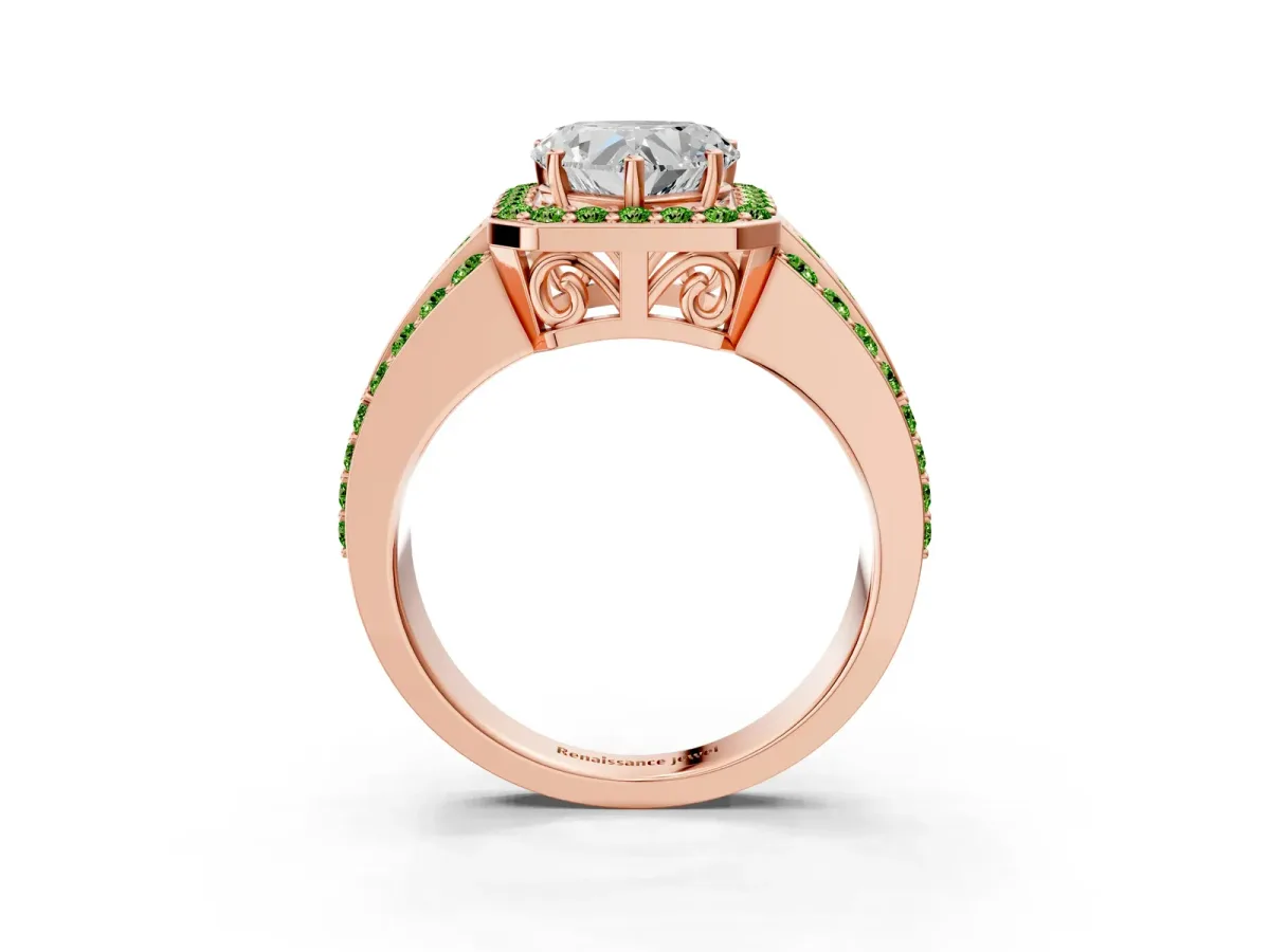 Heart Cut Halo Diamond Ring with Round Peridot Split Shank and Prong Setting Rose gold