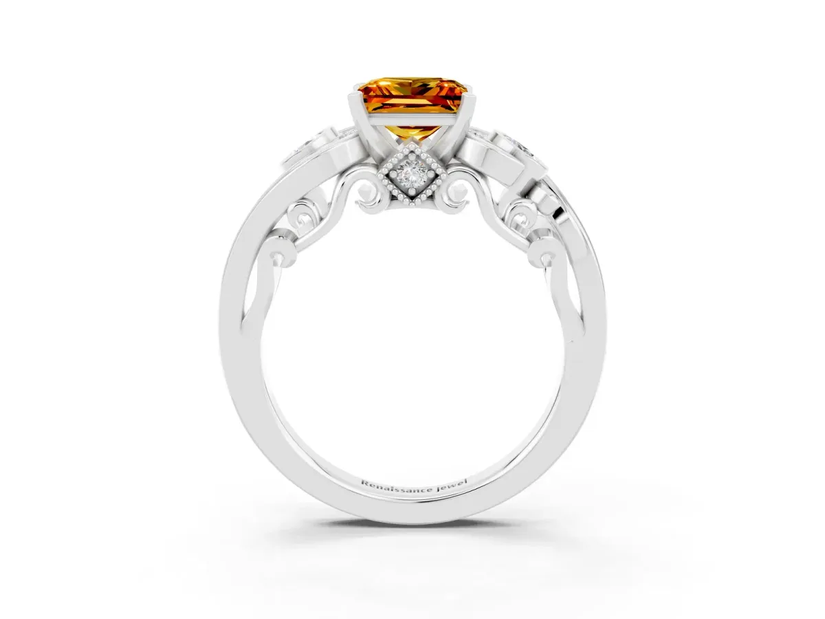 Princess Cut Citrine Solitaire Ring with Milgrain Pavé Band and Four-Prong Setting Silver