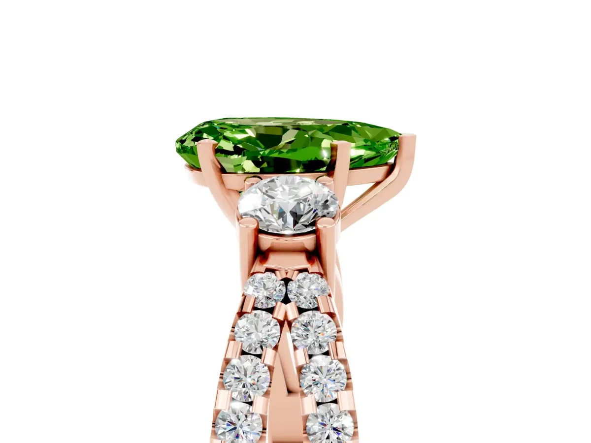 Pear Cut Peridot Three-Stone Ring with Pavé Split Shank and Four-Prong Setting Rose gold