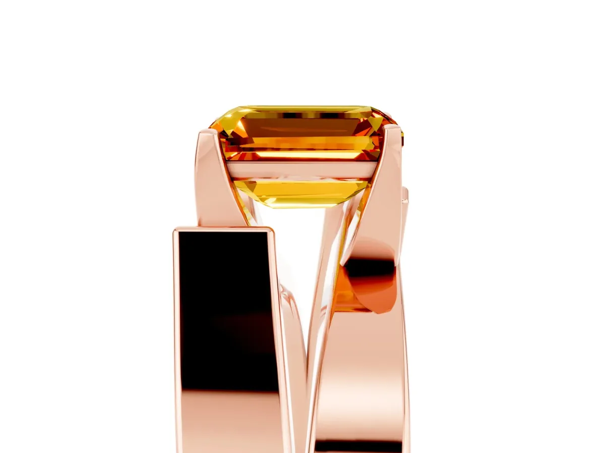 Modern Tension Set Emerald Cut Citrine Solitaire Wide Band Ring Rose gold