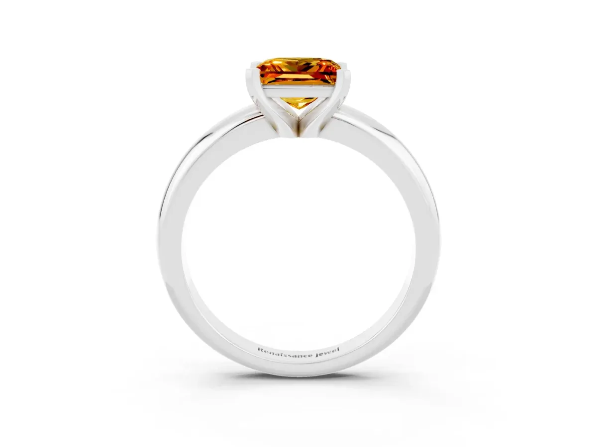 Princess Cut Citrine Solitaire Engagement Ring with Round Band and Four-Prong Setting Silver
