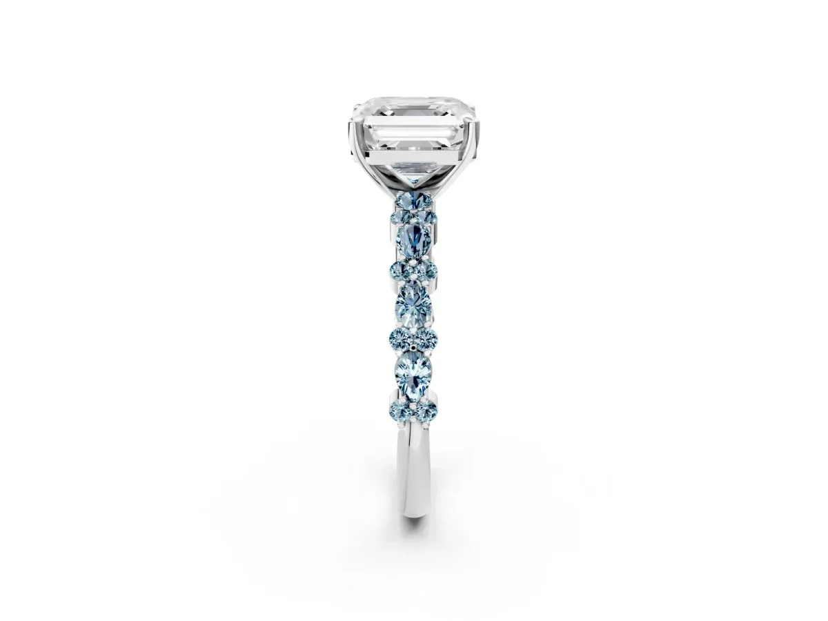 Asscher Cut Diamond Side Stone Solitaire Ring with Round Aquamarine and Four-Prong Setting Silver