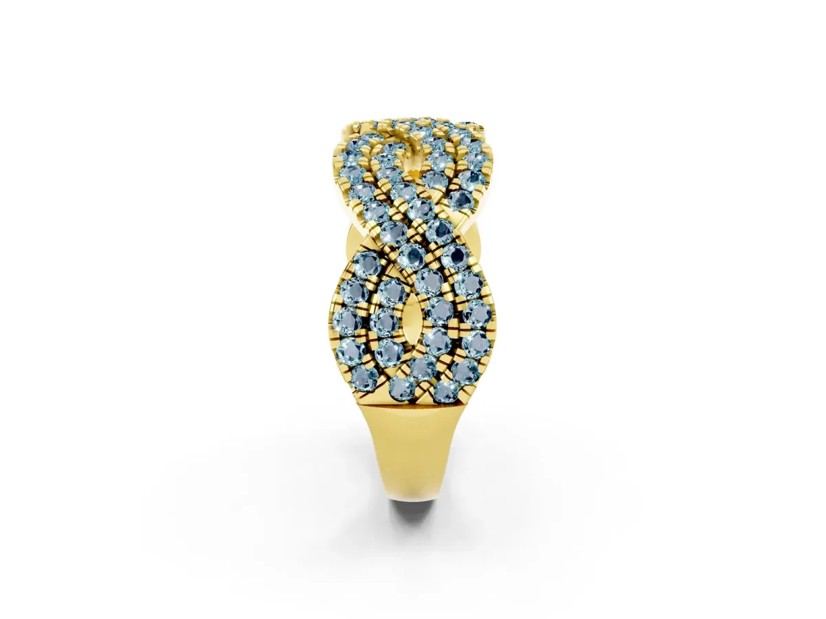 Pavé Round Aquamarine Infinity Twist Band with Shared Prong Setting Yellow gold