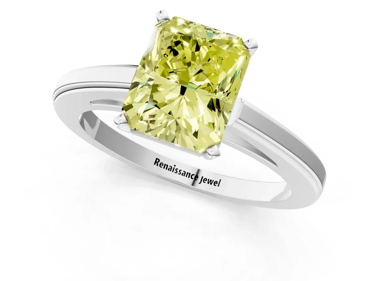 Fancy Yellow Radiant Cut Solitaire Diamond Ring with Four-Prong Setting and Classic Band Platinum