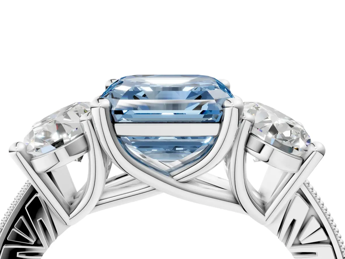 Fancy Blue Three-Stone Asscher Cut Diamond Milgrain Pave Band with Prong Setting Platinum