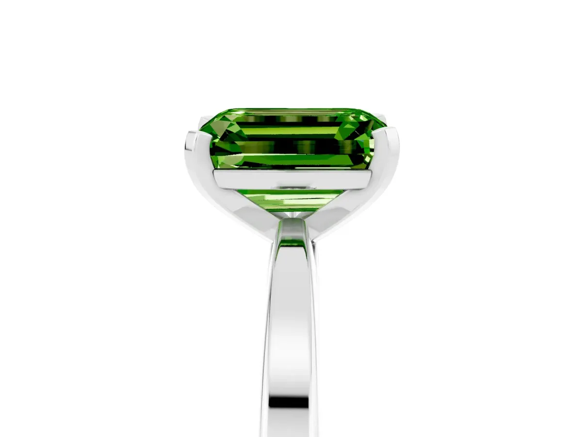 Emerald Cut Peridot Solitaire Engagement Ring with Classic Band and Four-Prong Setting Silver