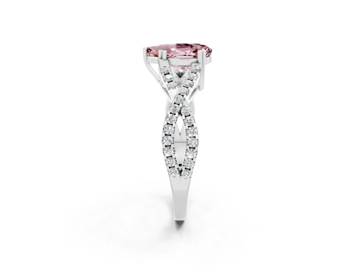 Pear Cut Morganite Solitaire Ring with Four-Prong Setting and Twisted Pavé Band Platinum