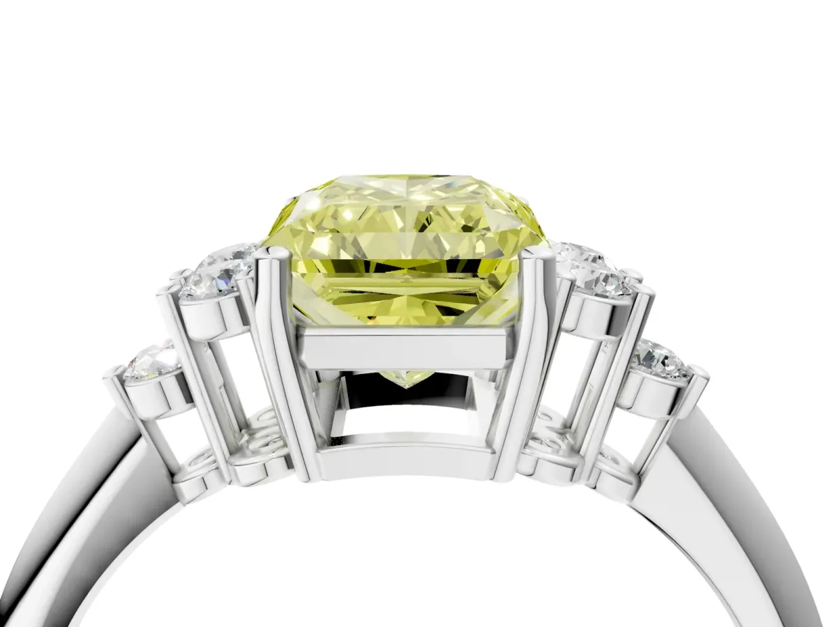 Fancy Yellow Radiant Cut Cut Diamond Cluster Ring with Solitaire Band and Four-Prong Setting Platinum