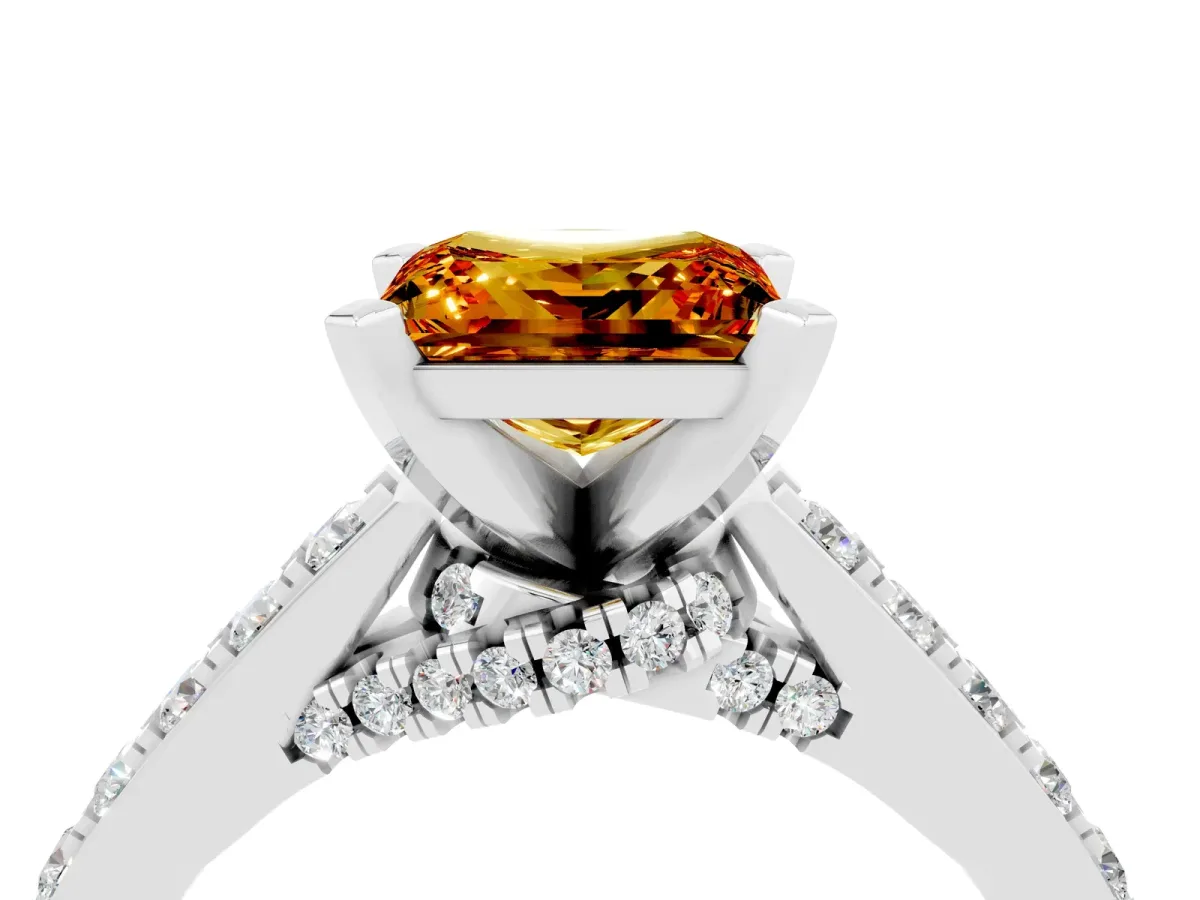 Princess Cut Citrine Solitaire Ring with Crossover Gallery and Round Pavé Band Silver