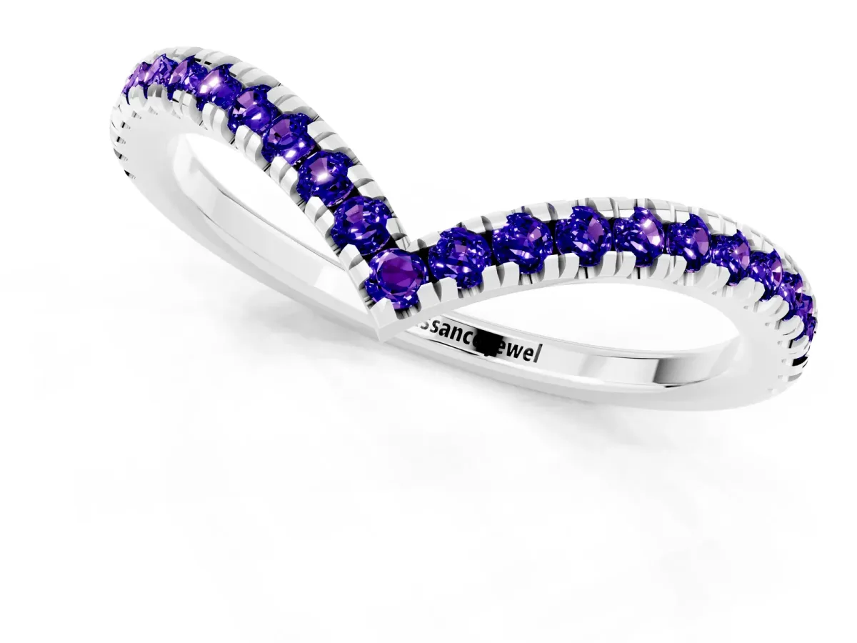 Pavé Round Tanzanite V-Shaped Chevron Band with Shared Prong Setting Silver