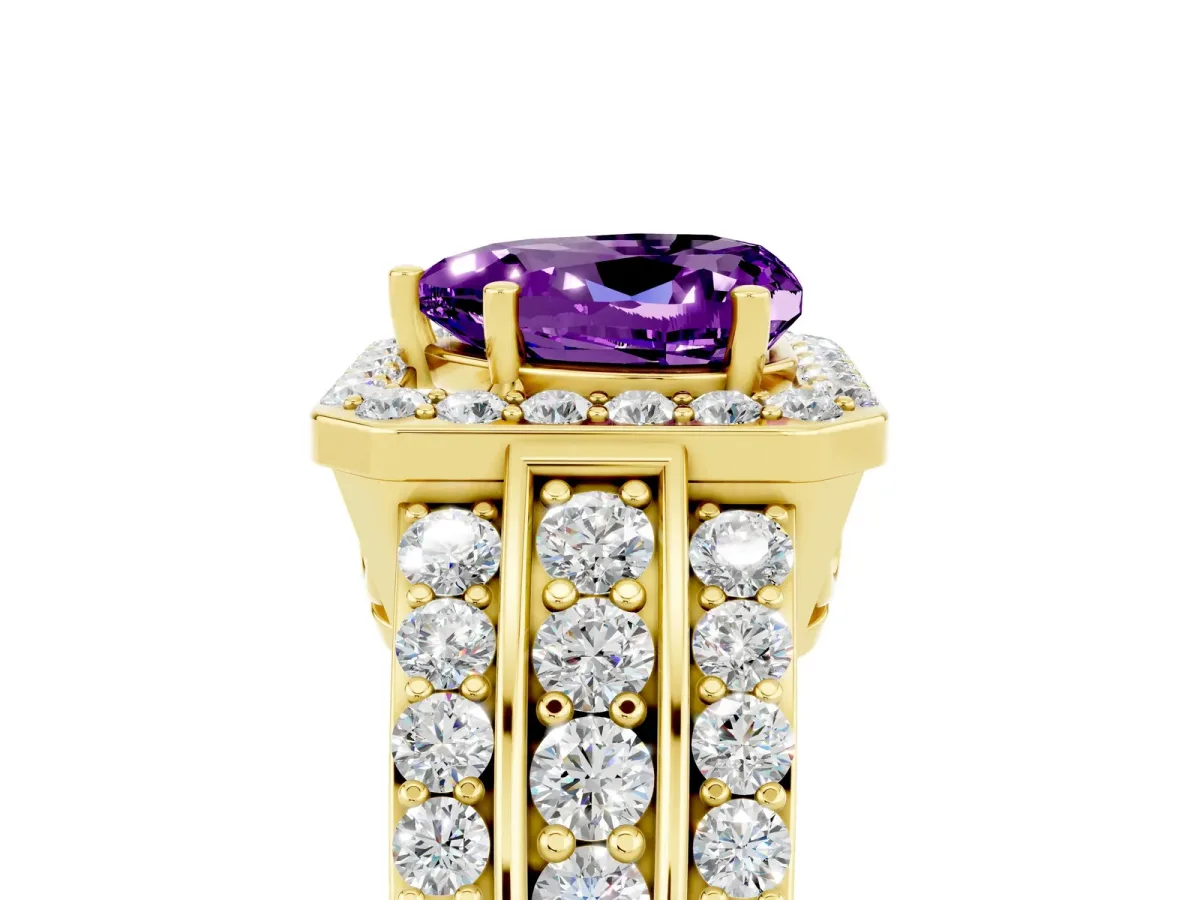 Heart Cut Halo Amethyst Ring with Round Split Shank and Prong Setting Yellow gold