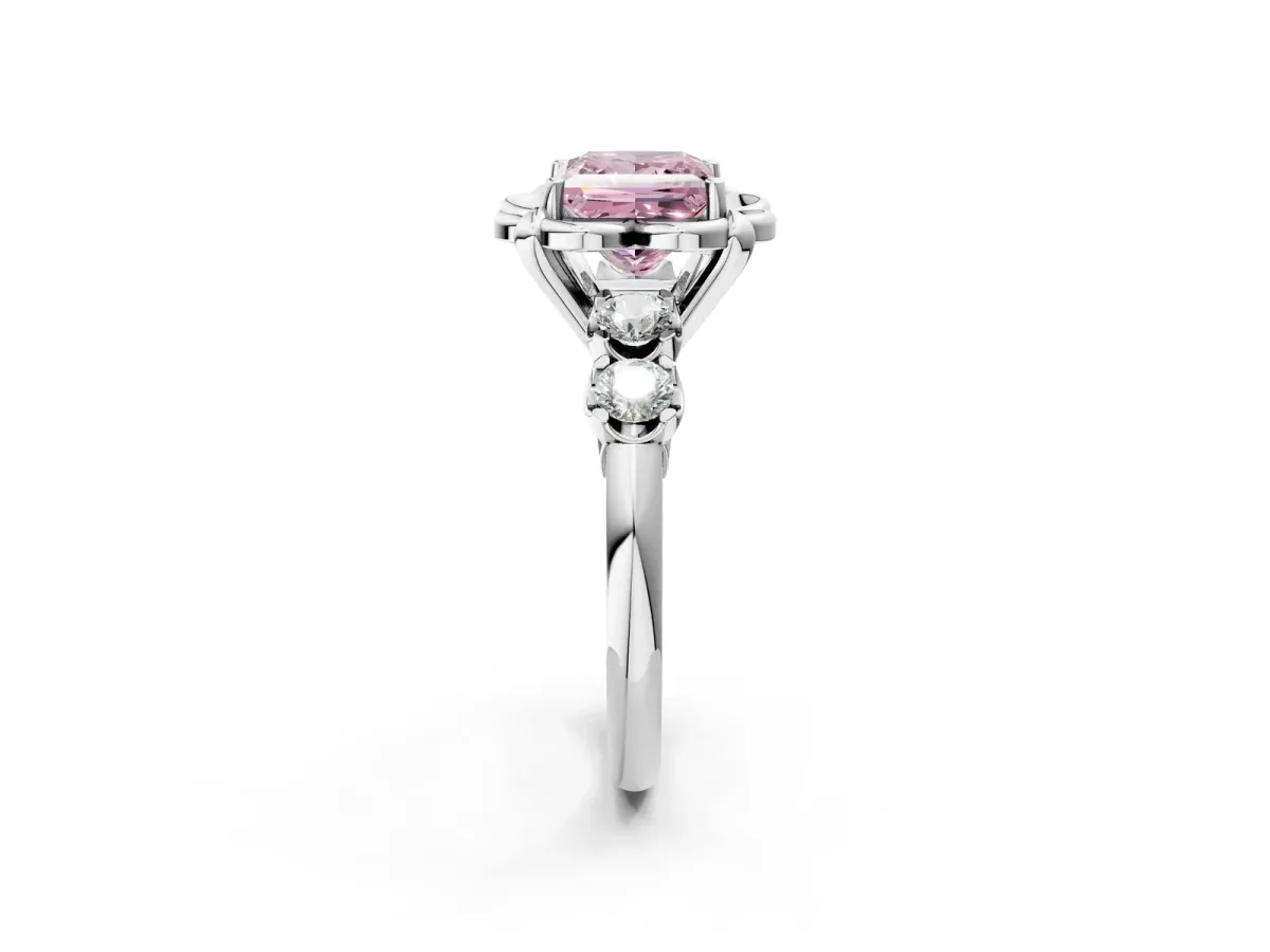 Fancy Pink Princess Cut Cut Diamond Floral Halo Engagement Ring with Shared Prong Setting Silver