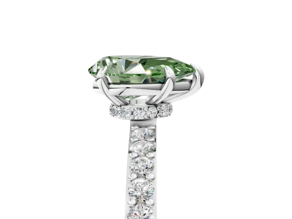 Fancy Green Pear Cut Diamond Solitaire Engagement Ring with Pavé Band and Four-Prong Setting Silver