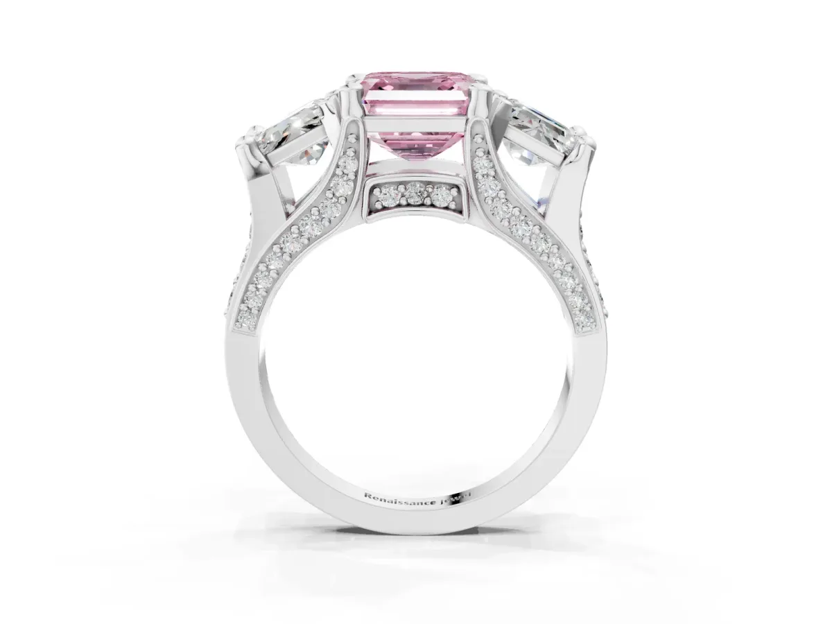 Fancy Pink Asscher Cut Diamond Three-Stone Ring with Channel Set Band and Four-Prong Setting Platinum