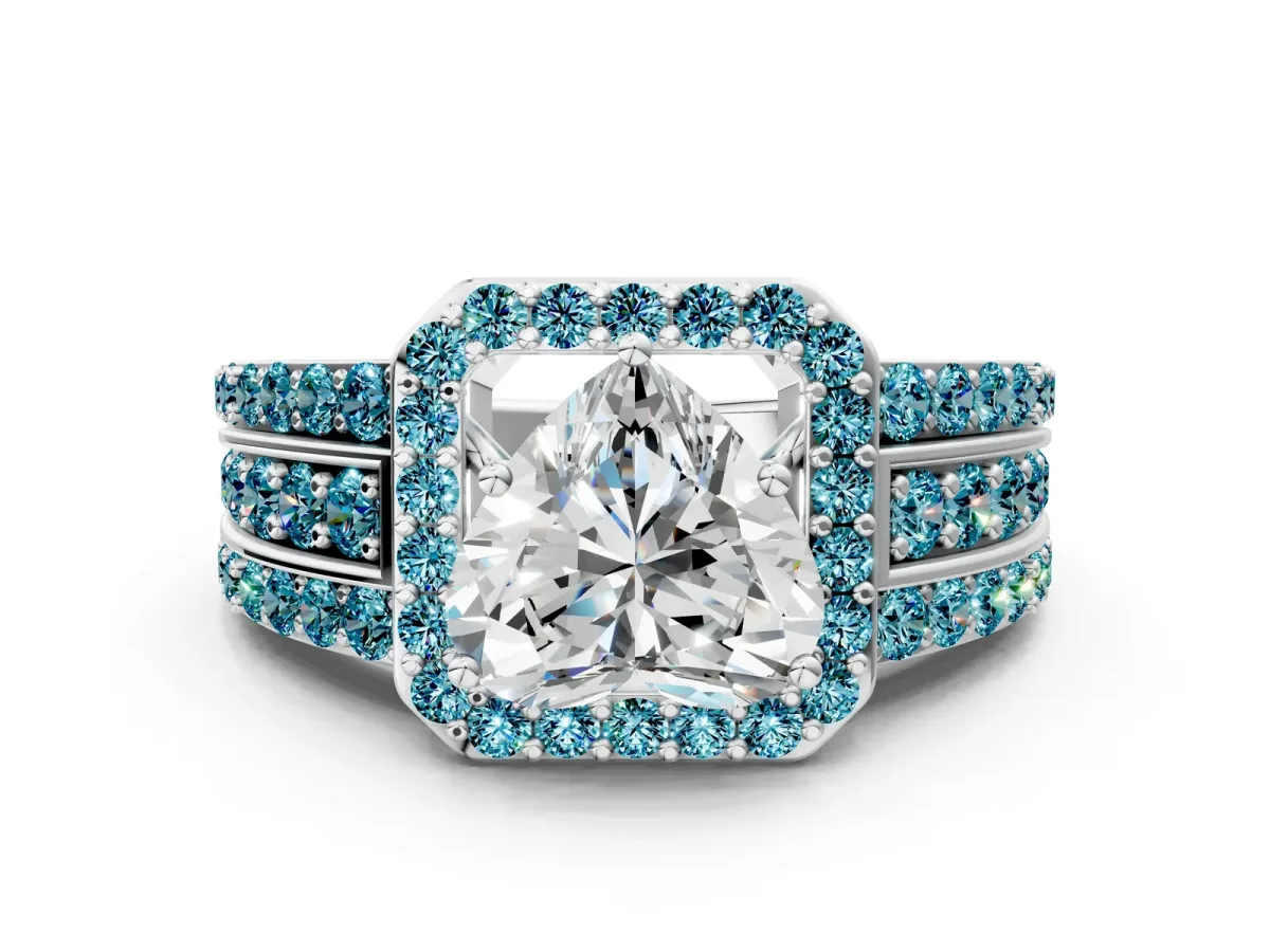 Heart Cut Halo Diamond Ring with Round Blue Topaz Split Shank and Prong Setting Silver