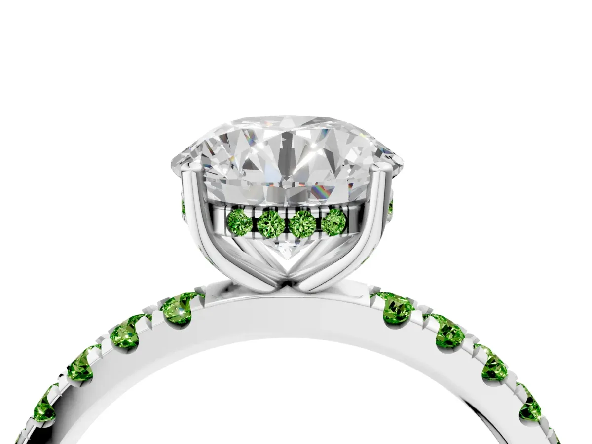 Round Cut Diamond Pave Band Solitaire Ring with Round Peridot and Prong Setting Silver