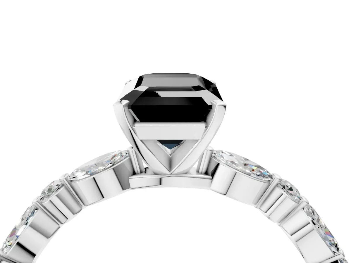 Fancy Black Emerald Cut Diamond Ring with Marquise and Round Side Stones and Four-Prong Setting Silver