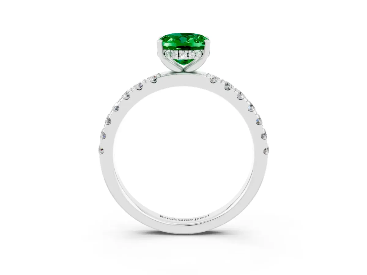 Oval Cut Emerald Pave Band Solitaire Ring with Round and Prong Setting White gold