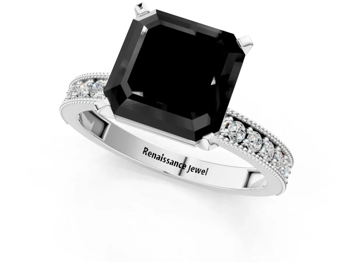 Fancy Black Asscher Cut Diamond Milgrain Pavé Engagement Ring with Four-Prong Setting Platinum
