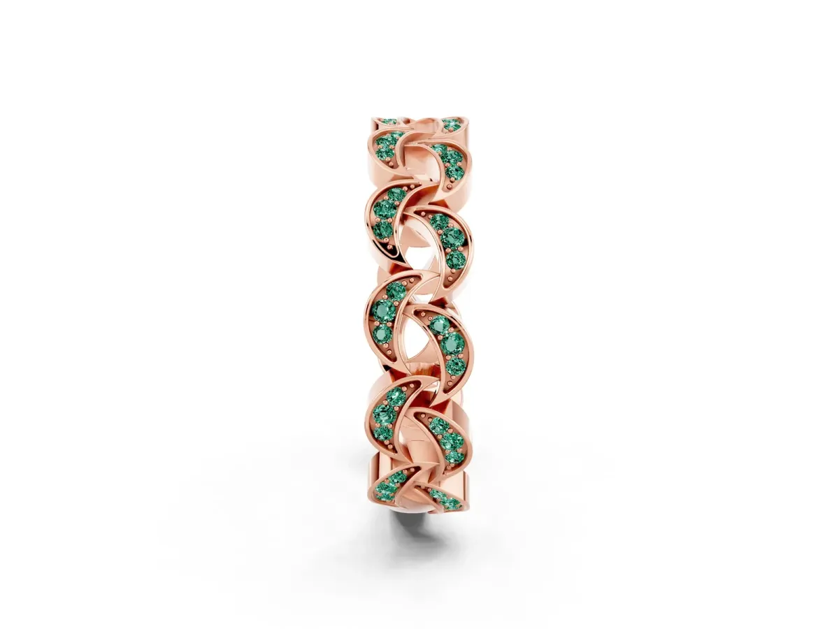 Pavé Round Green Sapphire Interlocking Eternity Band with Bezel Prong Setting Rose gold