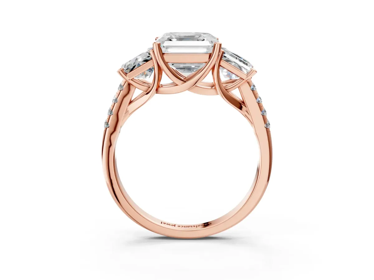 Three-Stone Asscher Cut Diamond Ring with Round Pavé Band and Prong Setting Rose gold