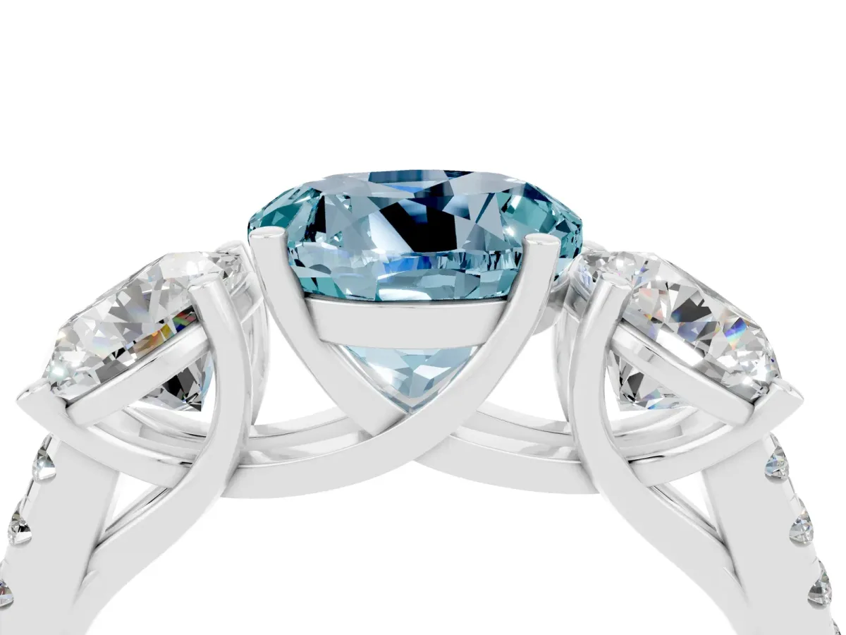 Three-Stone Round Cut Aquamarine Ring with Round Pavé Band and Prong Setting Silver