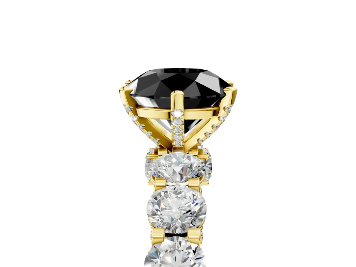 Fancy Black Round Cut Diamond Side Stone Engagement Ring with Four-Prong Setting Yellow gold